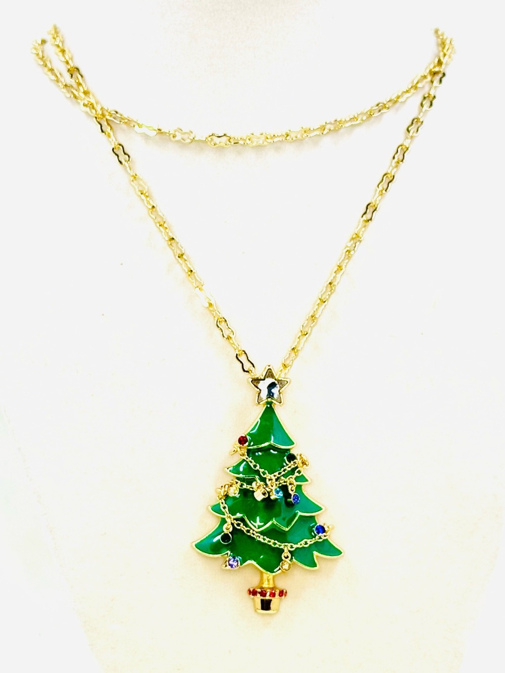 Talbots Gold-Tone Green Enamel Christmas Tree Pendant Necklace W/Dangling Charms
